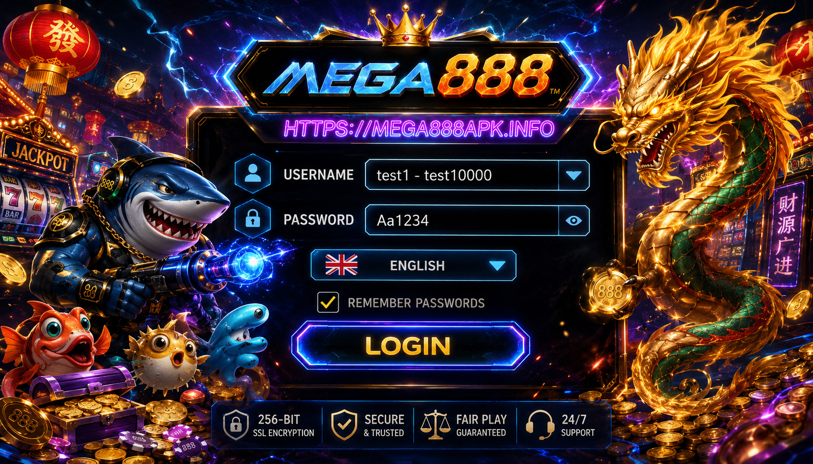 MEGA888 login screen and Test ID example